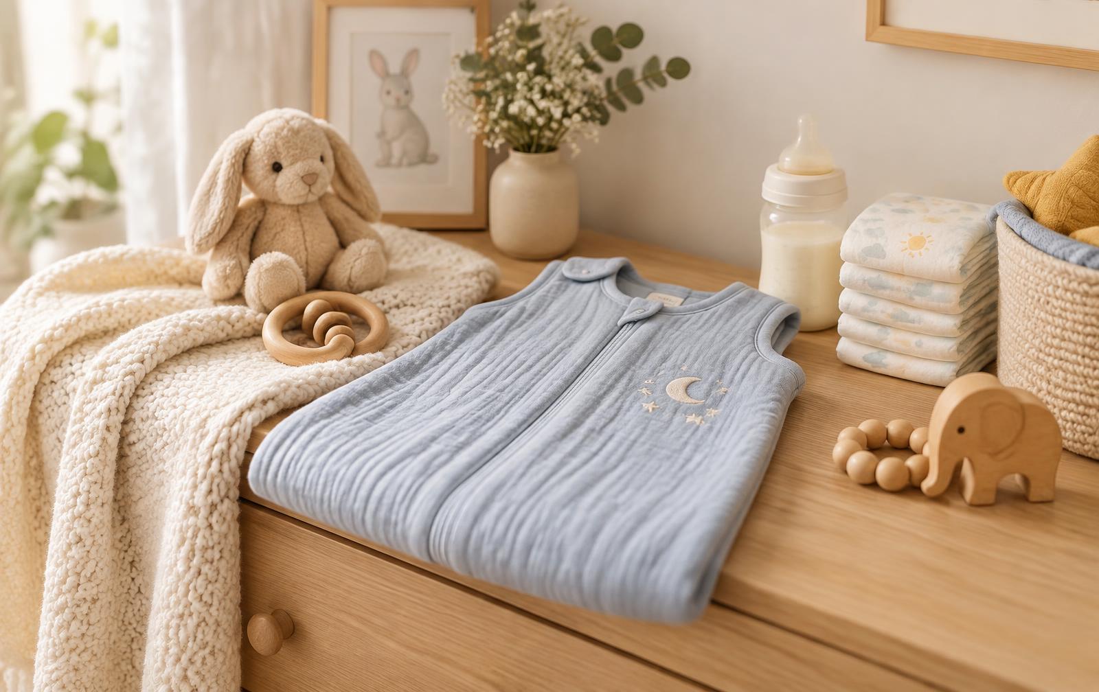 Babykamer met slaapzak, luiers, fles en houten speelgoed op een commode